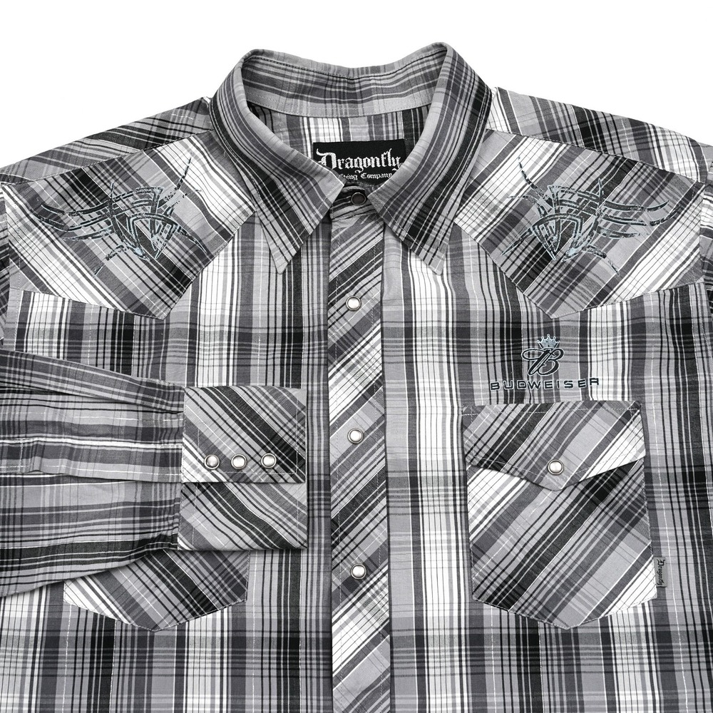Dragonfly Budweiser‎ Shirt Mens XL Pearl Snap Plaid Long Sleeve Cowboy Rodeo